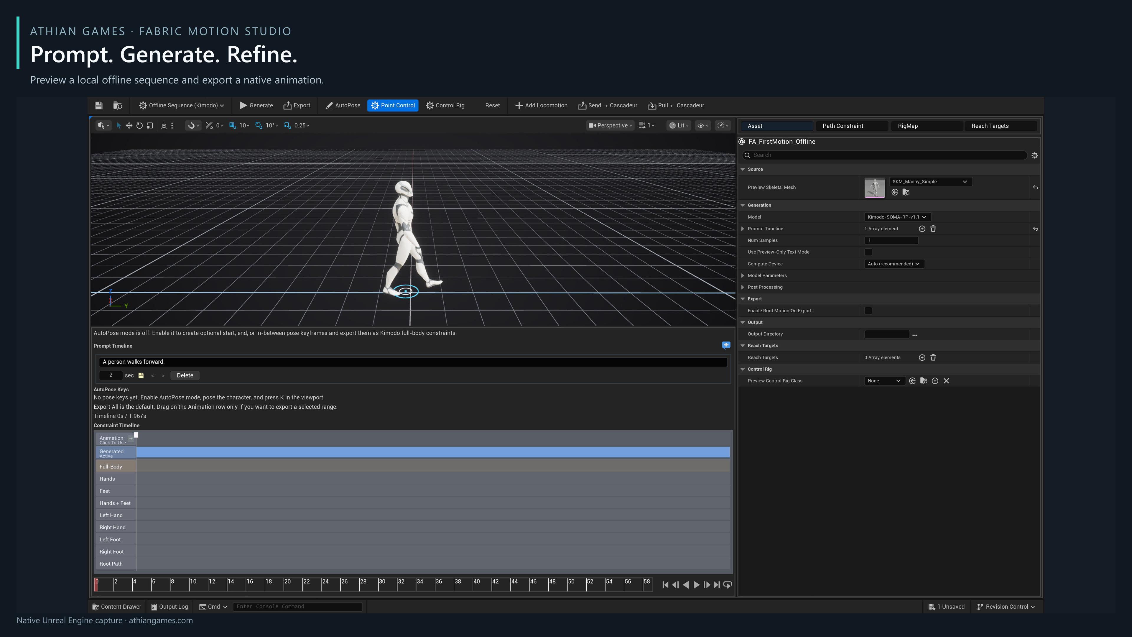 Fabric Motion Studio offline prompt timeline and generated mannequin preview