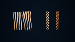 Native overview: generated Grooms on the left of each pair and original ribbon and braid source meshes on the right