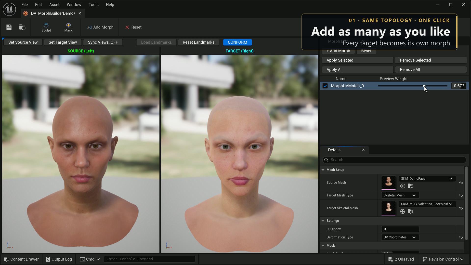 Morph Builder's source and reference viewports with a library of blendable morph targets