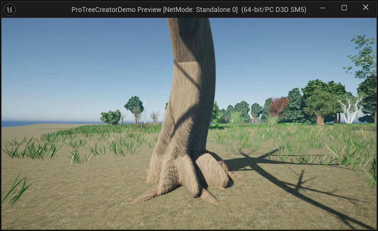 Actual Unreal game preview of rounded root flares and projected bark meeting the soil
