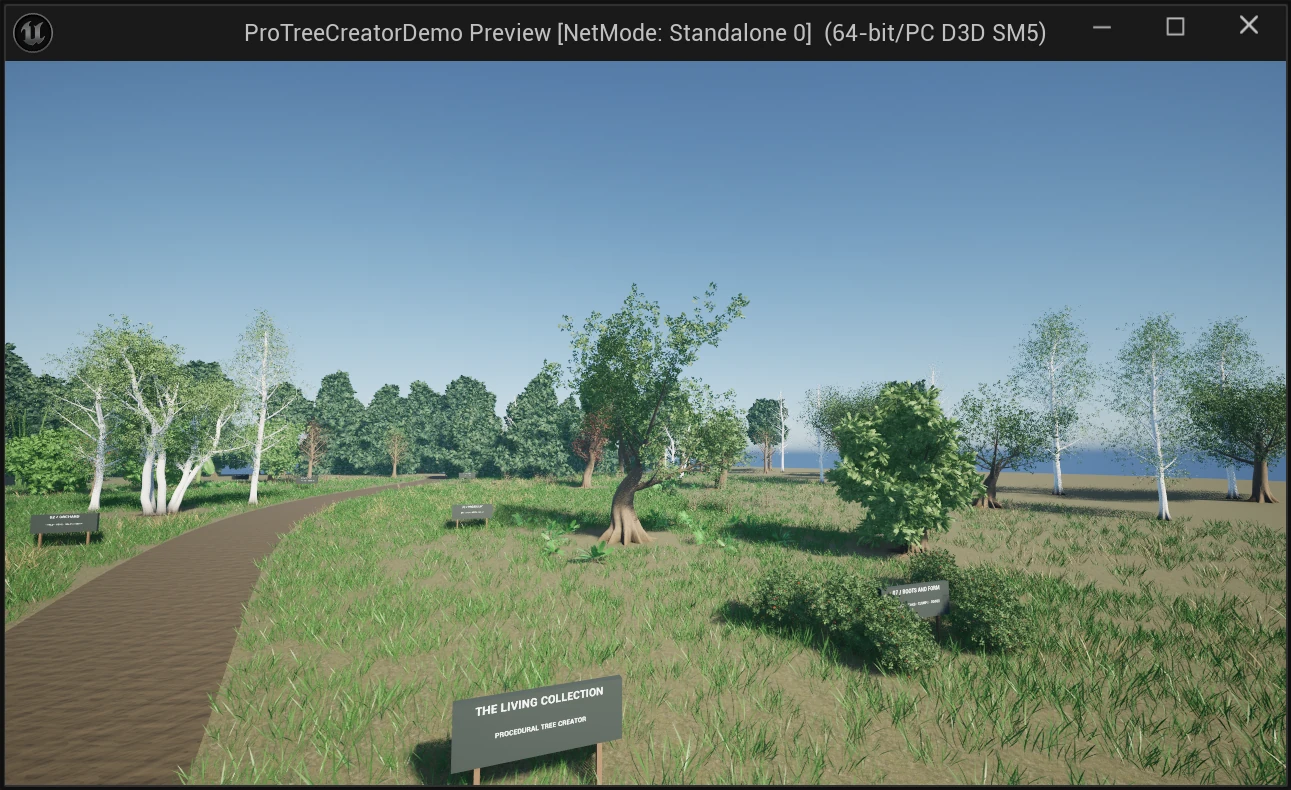 Unreal viewport showing the Living Collection's gravel path, birch, oak, orchard and meadow planting