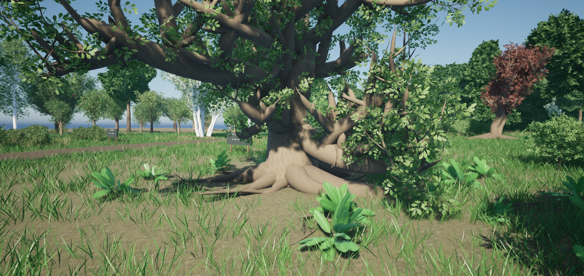 Unreal viewport close-up of an exposed branching root network beneath a curved tree