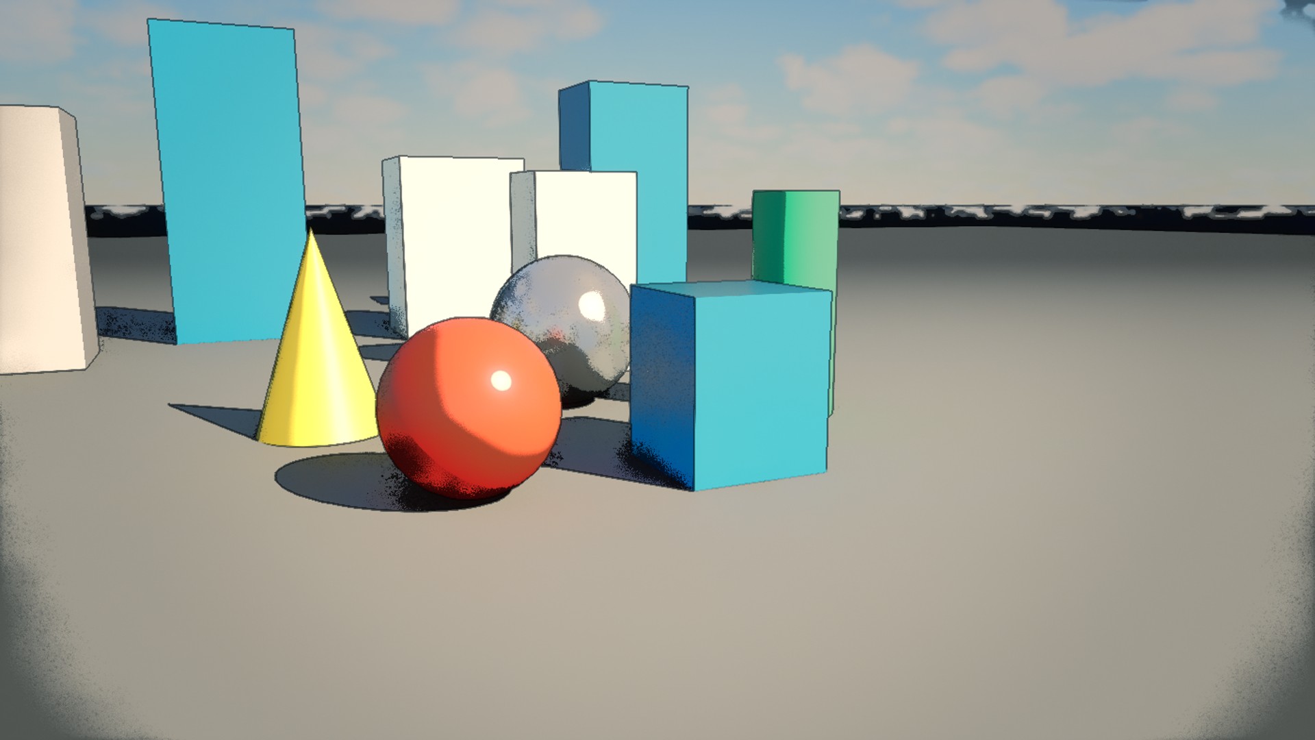 The included weighted-layer scene combines toon and film passes on simple colored geometry.