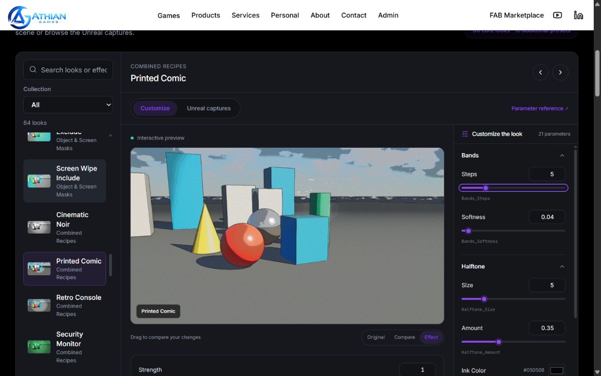 Live shader preview with grouped sliders and color controls beside the scene.