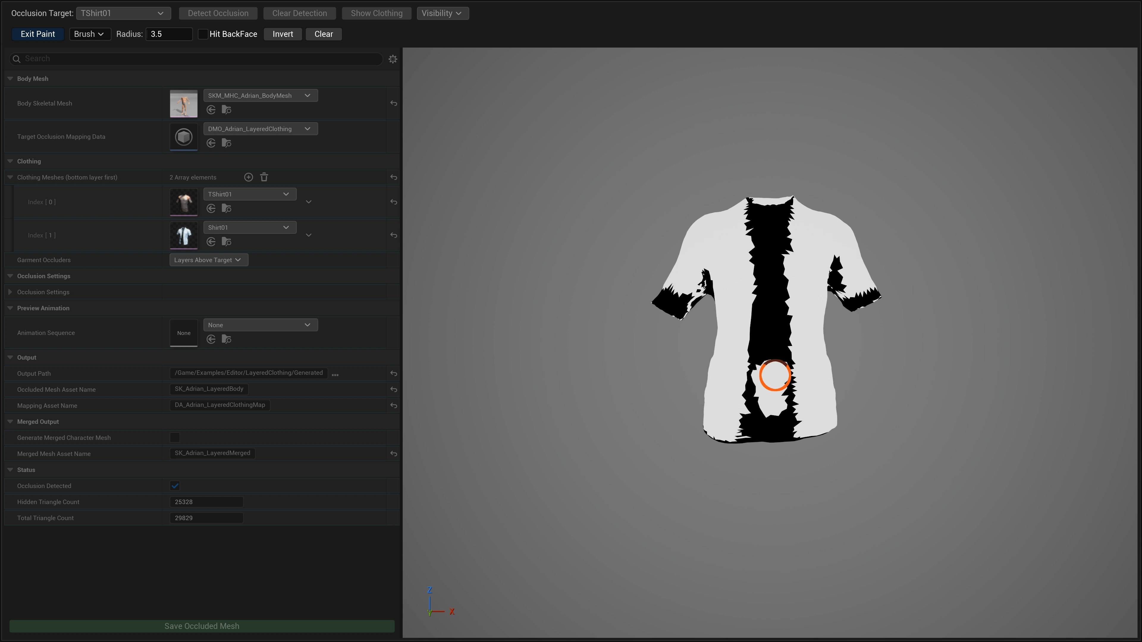 Actual DMO asset editor brush painting the inner garment mask