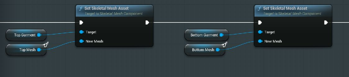 Top Mesh and Bottom Mesh input getters feed the garment mesh assignment nodes