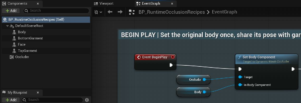Example Blueprint component tree and BeginPlay graph