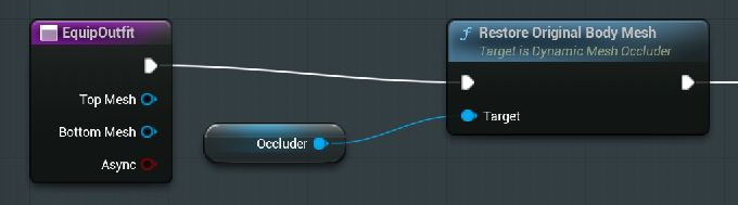 EquipOutfit inputs: Top Mesh, Bottom Mesh and Async, followed by Restore Original Body Mesh