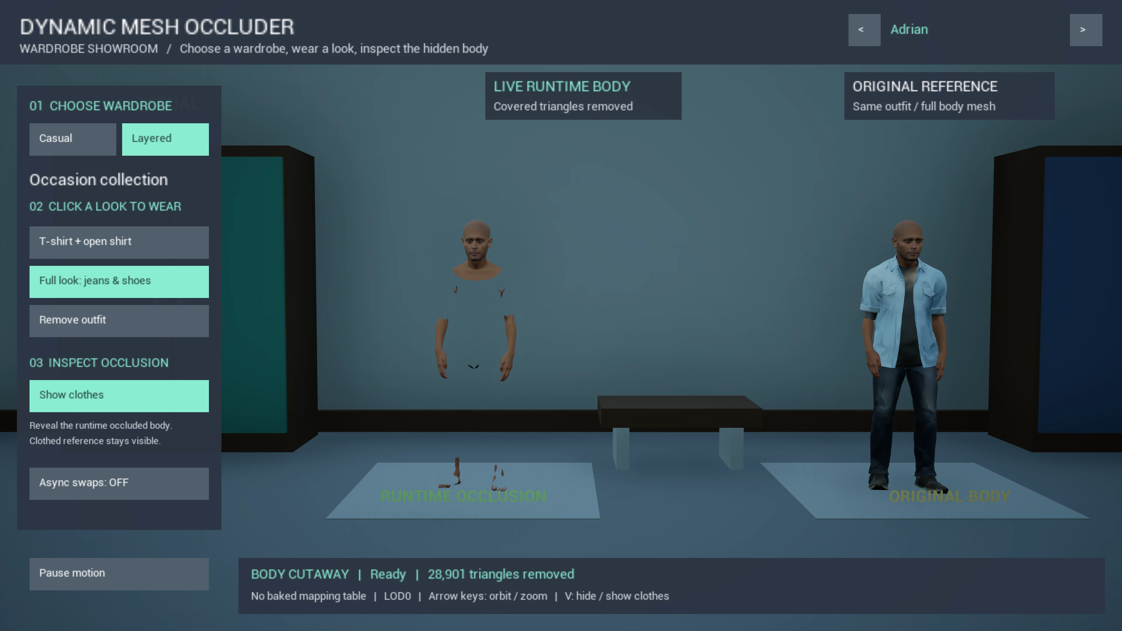 Actual Unreal wardrobe showing the generated body with clothes hidden beside the clothed reference