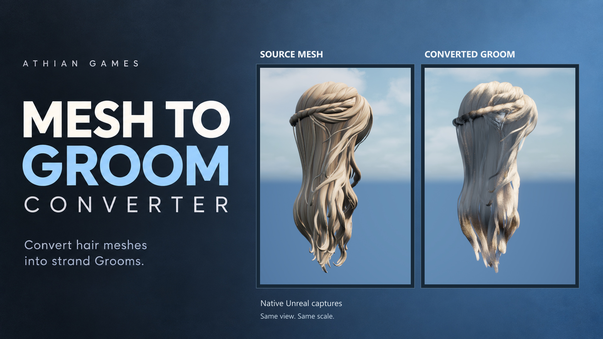 Original sculpted hair mesh beside its actual converted Groom at equal scale