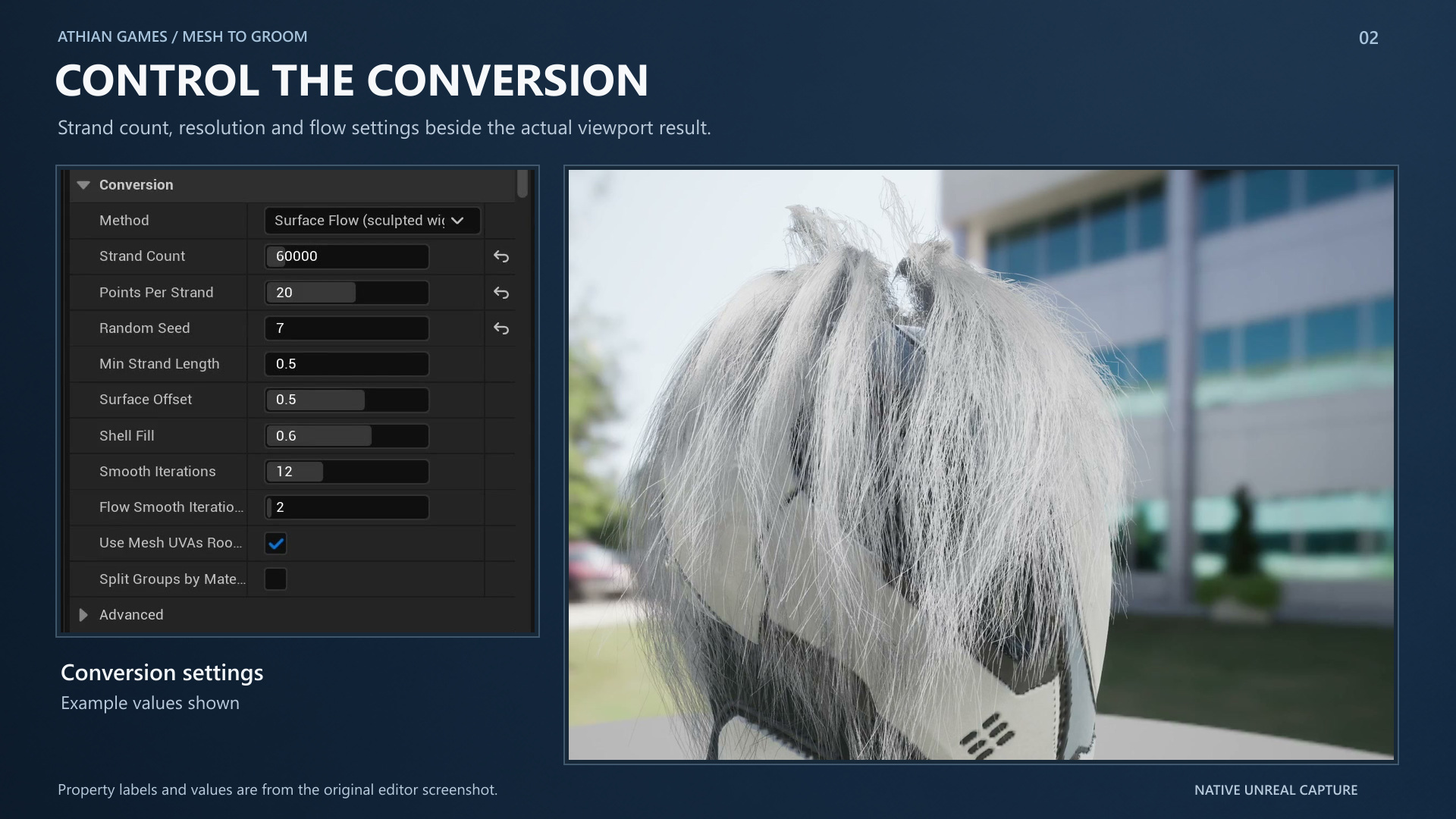Readable Surface Flow conversion settings beside the native strand preview