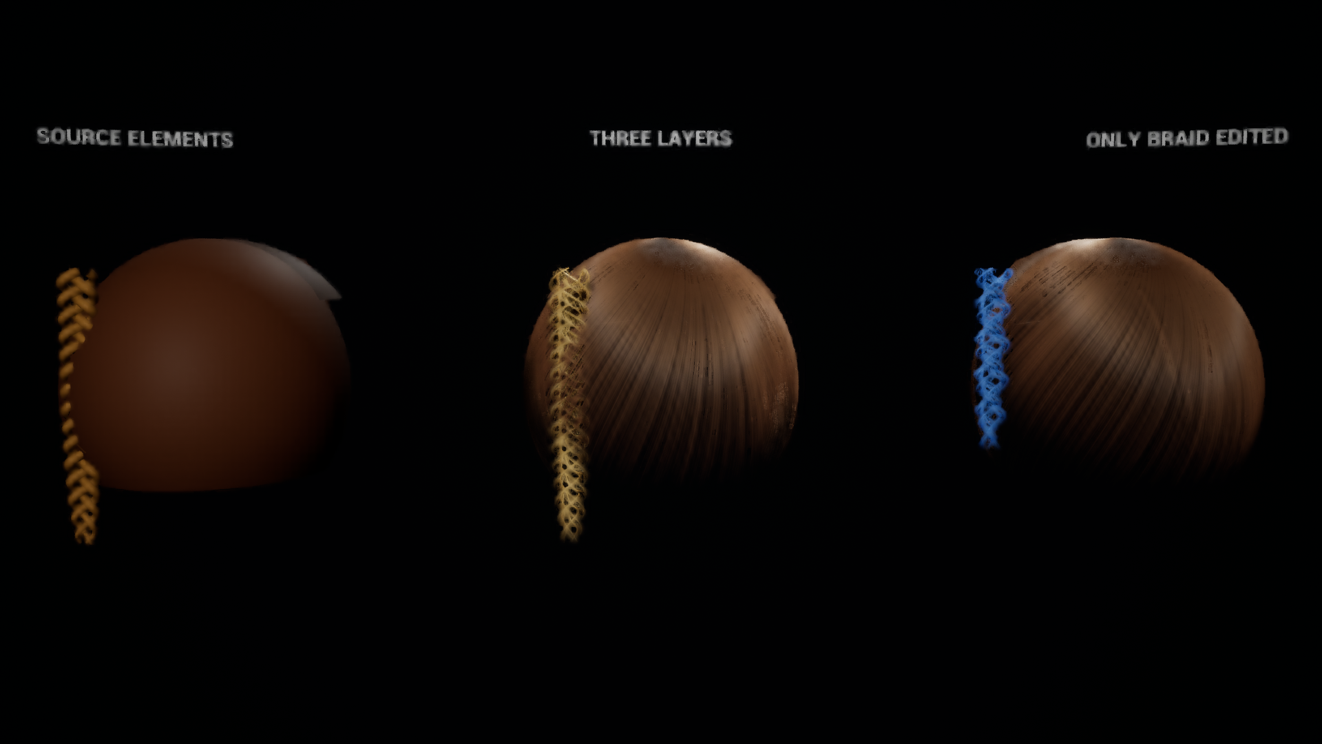 Native source hair elements, combined crown fringe and braid groom, and a variant with only the braid edited