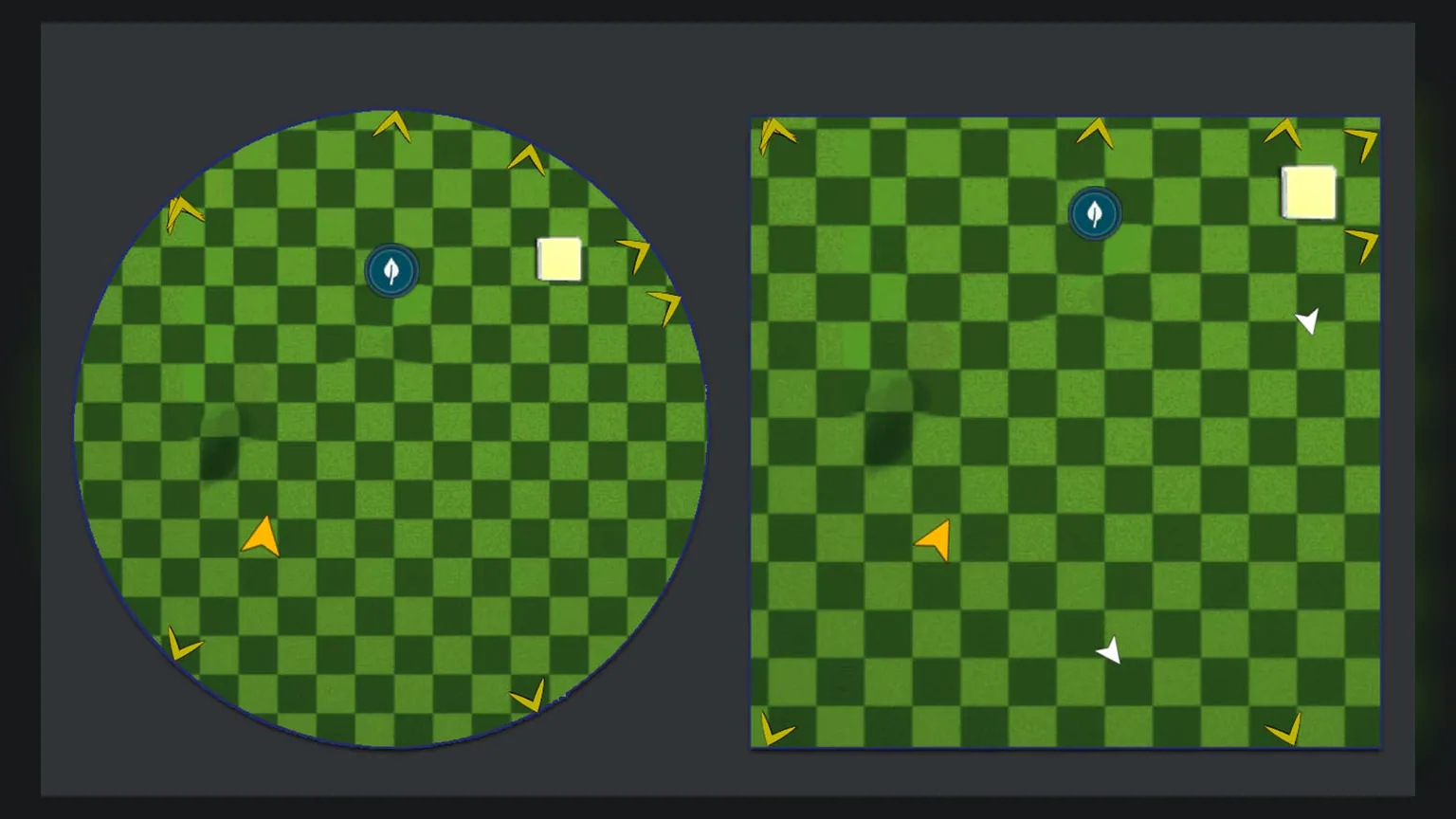 Circular and rectangular minimap examples with player and pointer icons