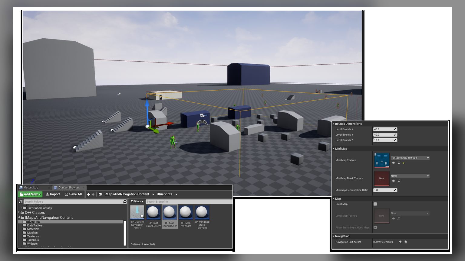 MapBounds Actor selected in the editor with bounds dimensions and minimap texture settings