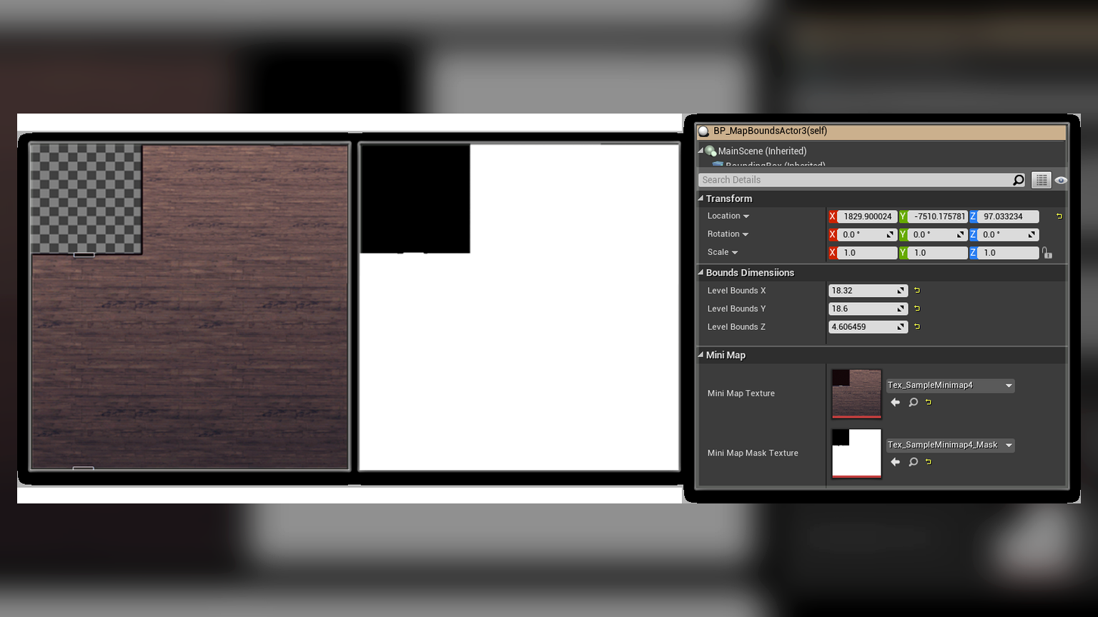 Map texture and black-white mask assigned on the MapBounds actor