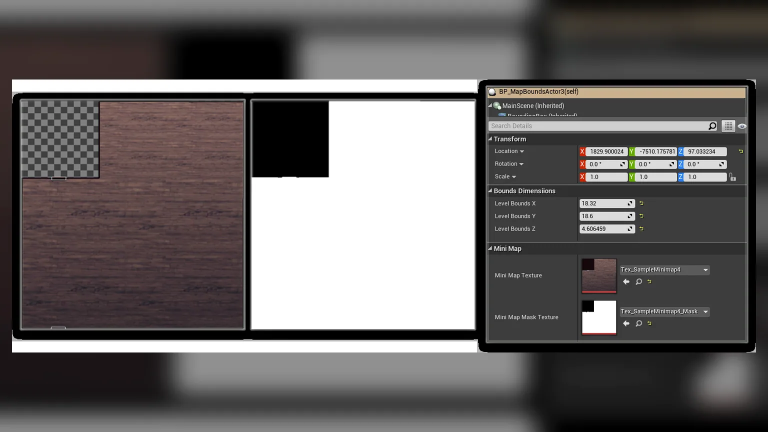 Map texture and black-white mask assigned on the MapBounds actor