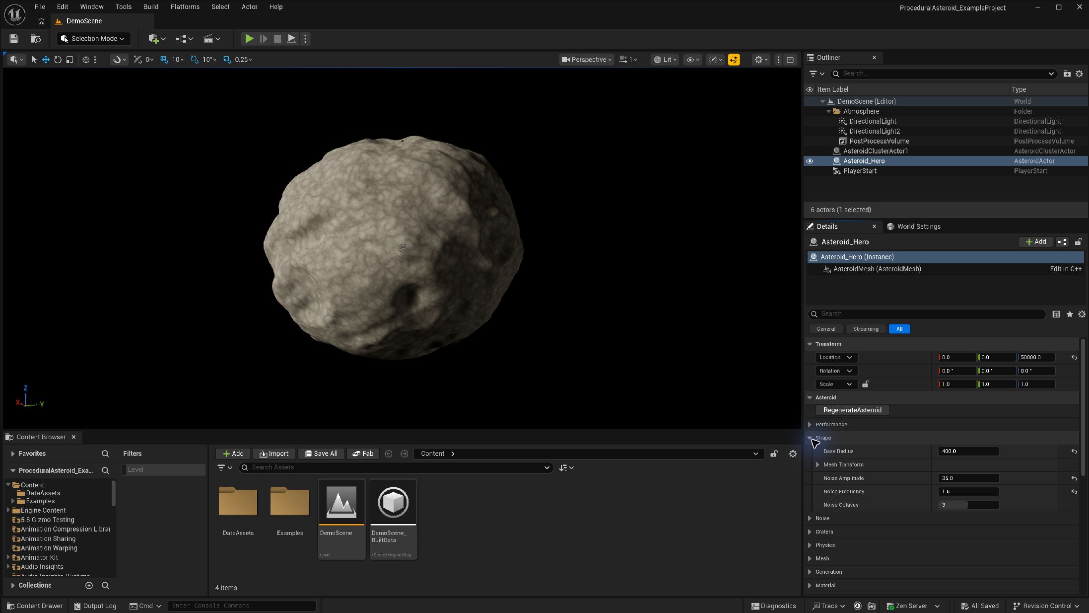 Unreal Details panel showing Base Radius and Noise controls beside the generated asteroid