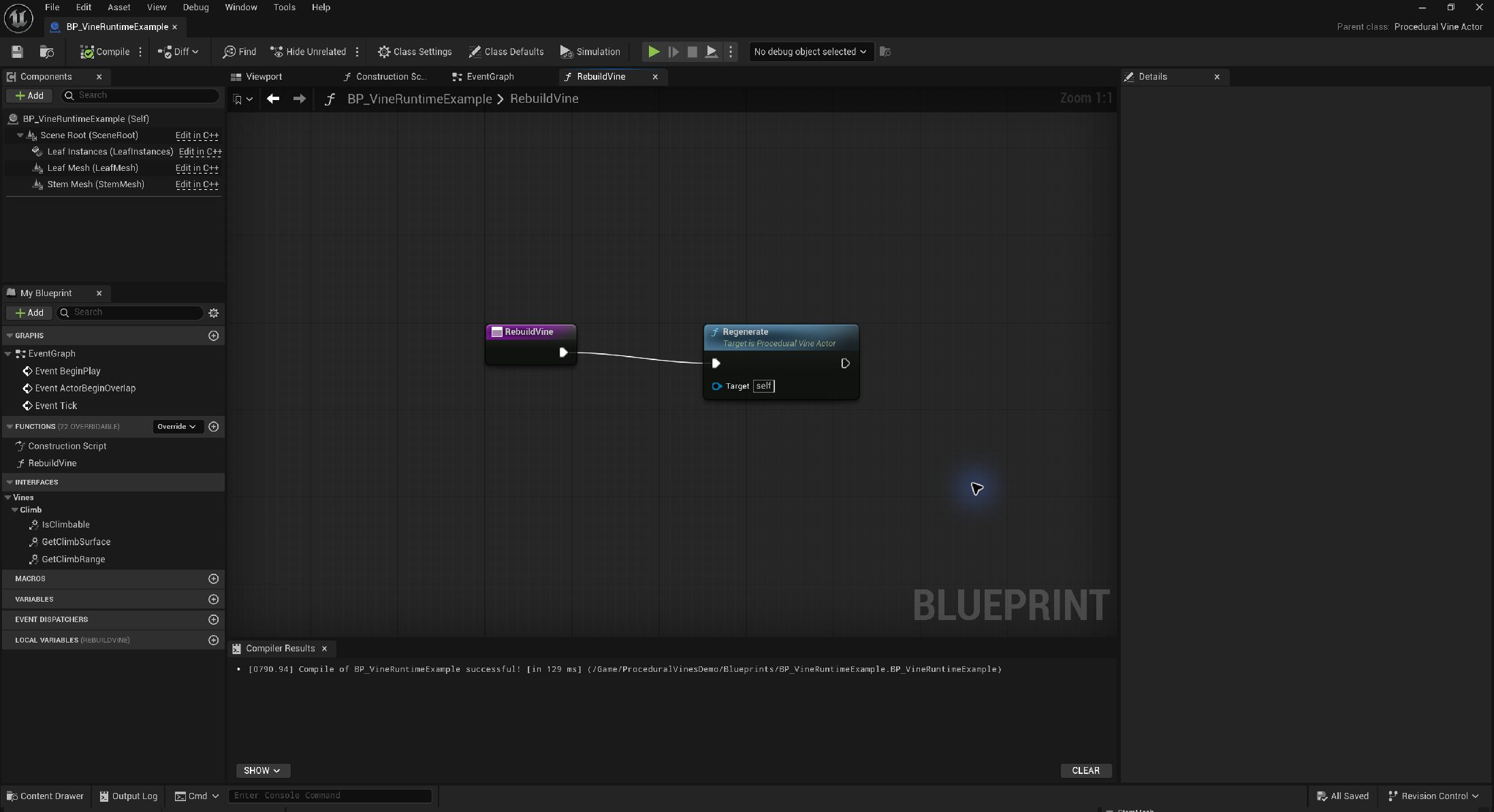 Compiled BP VineRuntimeExample Blueprint with RebuildVine execution connected to Regenerate on self