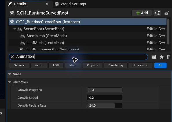 Native Unreal Details panel showing Growth Progress, Growth Speed and Growth Update Rate for a selected vine actor