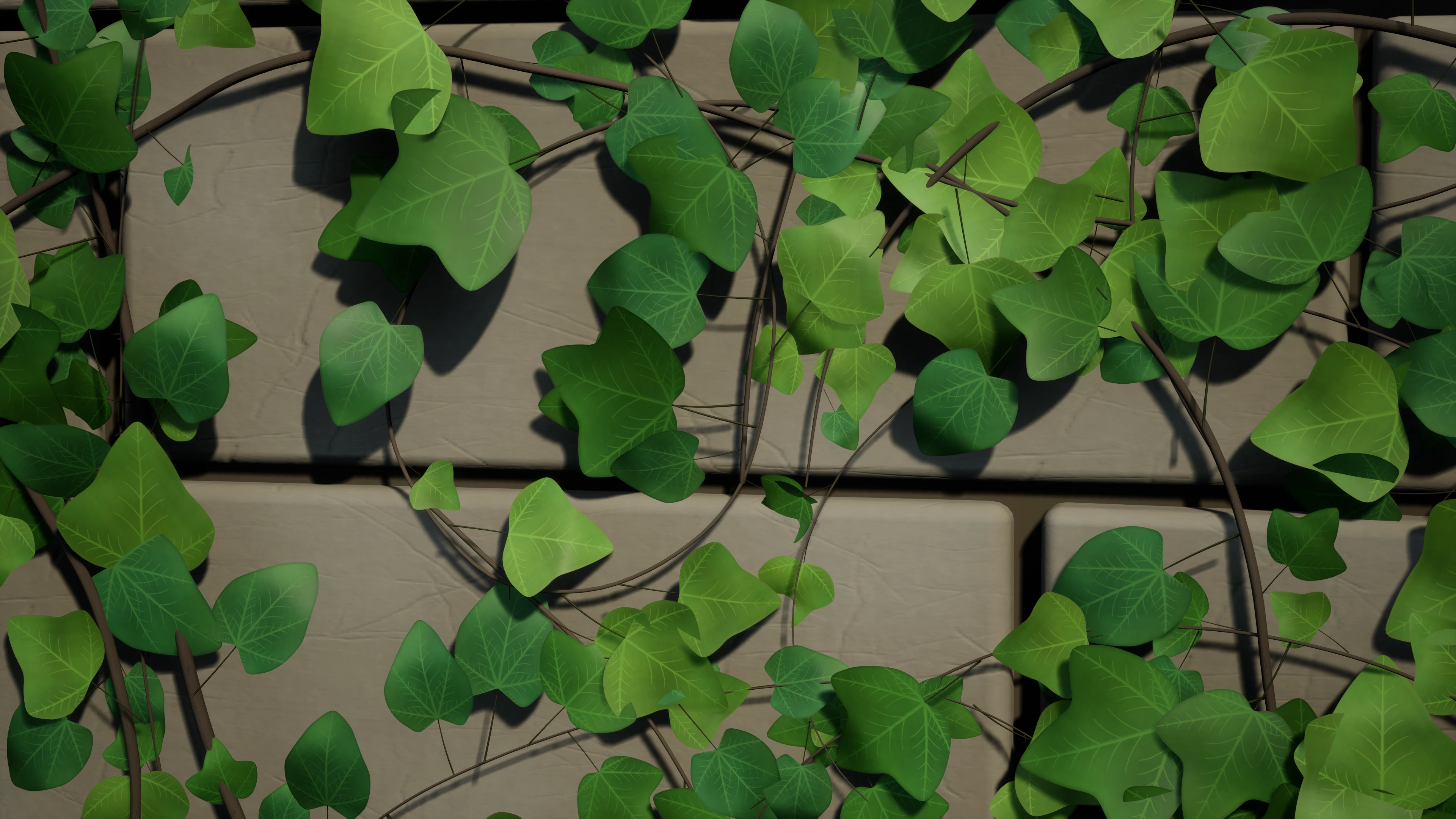 Native Unreal close-up of curved ivy blades, petioles and branching stems