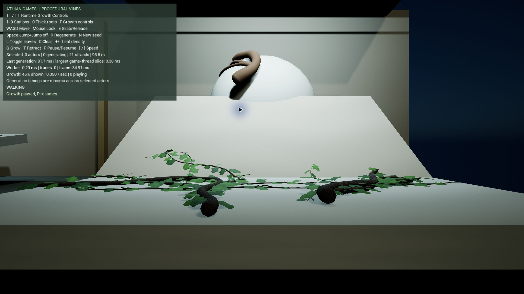 Native Unreal play session showing the runtime station after regeneration with strand counts and generation timing diagnostics